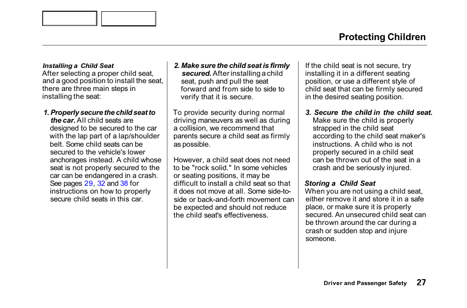 Protecting children | HONDA 2001 Accord Sedan - Owner's Manual User Manual | Page 30 / 372