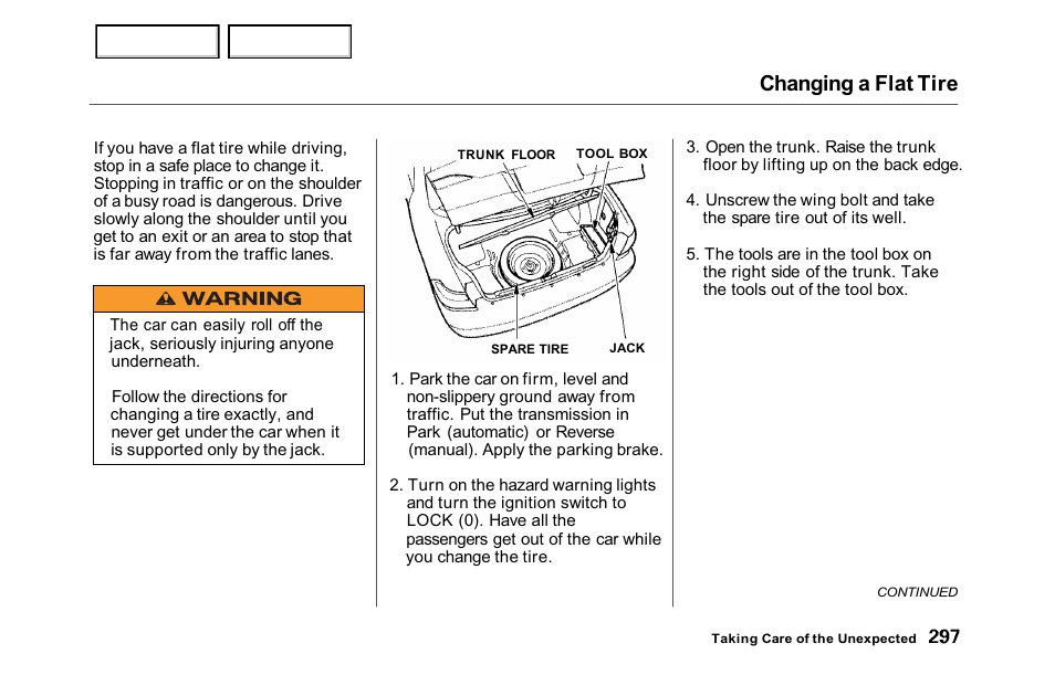 Changing a flat tire | HONDA 2001 Accord Sedan - Owner's Manual User Manual | Page 300 / 372