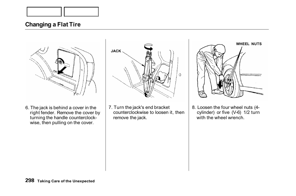 Changing a flat tire | HONDA 2001 Accord Sedan - Owner's Manual User Manual | Page 301 / 372