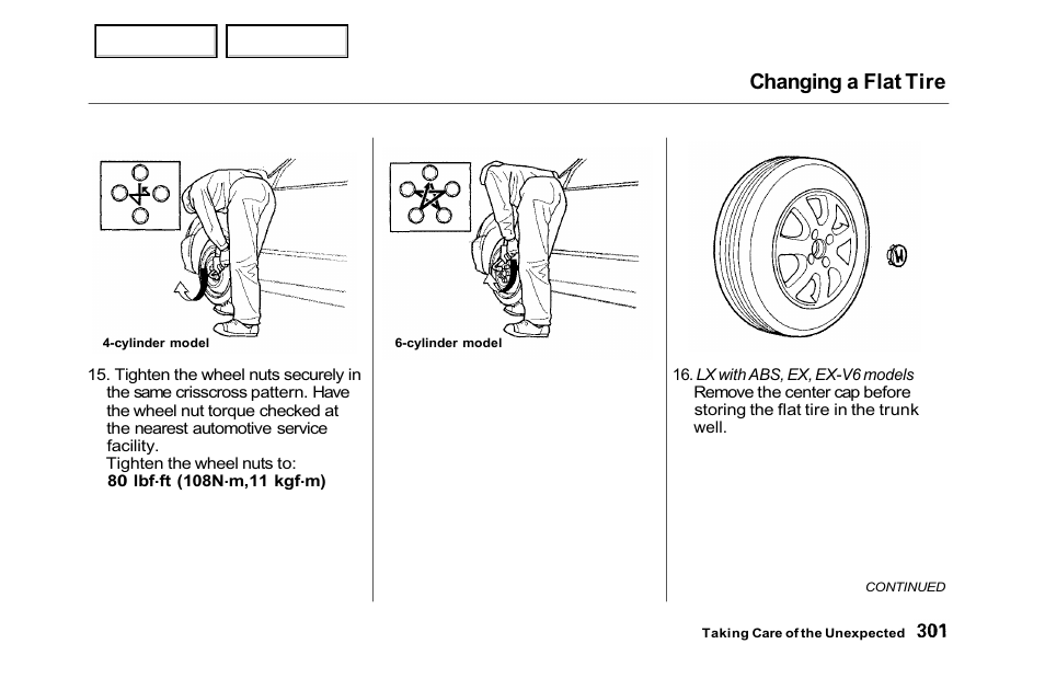 Changing a flat tire | HONDA 2001 Accord Sedan - Owner's Manual User Manual | Page 304 / 372