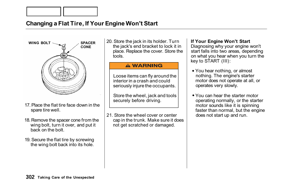 Changing a flat tire, if your engine won't start | HONDA 2001 Accord Sedan - Owner's Manual User Manual | Page 305 / 372