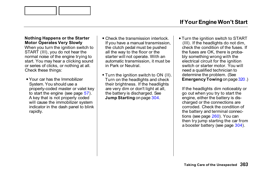 If your engine won't start | HONDA 2001 Accord Sedan - Owner's Manual User Manual | Page 306 / 372