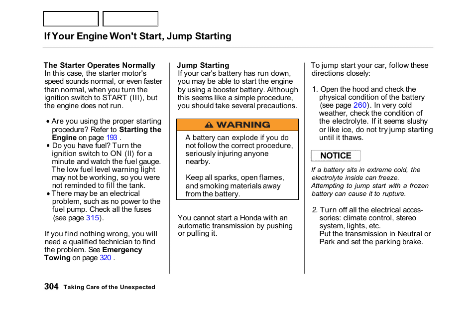 If your engine won't start, jump starting | HONDA 2001 Accord Sedan - Owner's Manual User Manual | Page 307 / 372