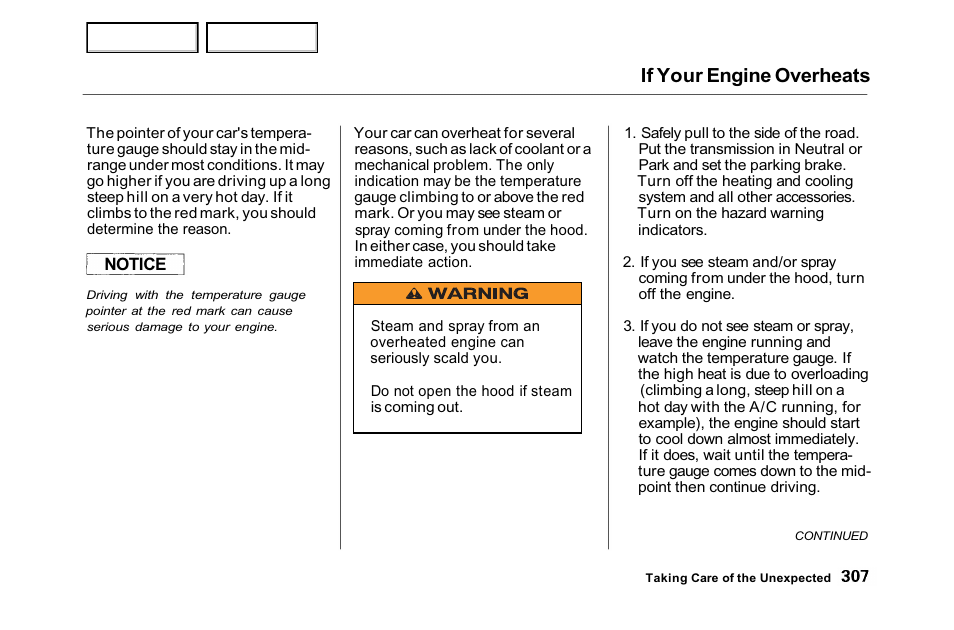 If your engine overheats | HONDA 2001 Accord Sedan - Owner's Manual User Manual | Page 310 / 372