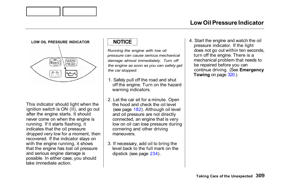 Low oil pressure indicator | HONDA 2001 Accord Sedan - Owner's Manual User Manual | Page 312 / 372