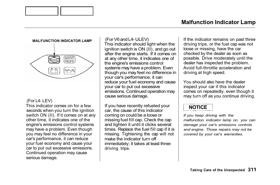 Malfunction indicator lamp | HONDA 2001 Accord Sedan - Owner's Manual User Manual | Page 314 / 372