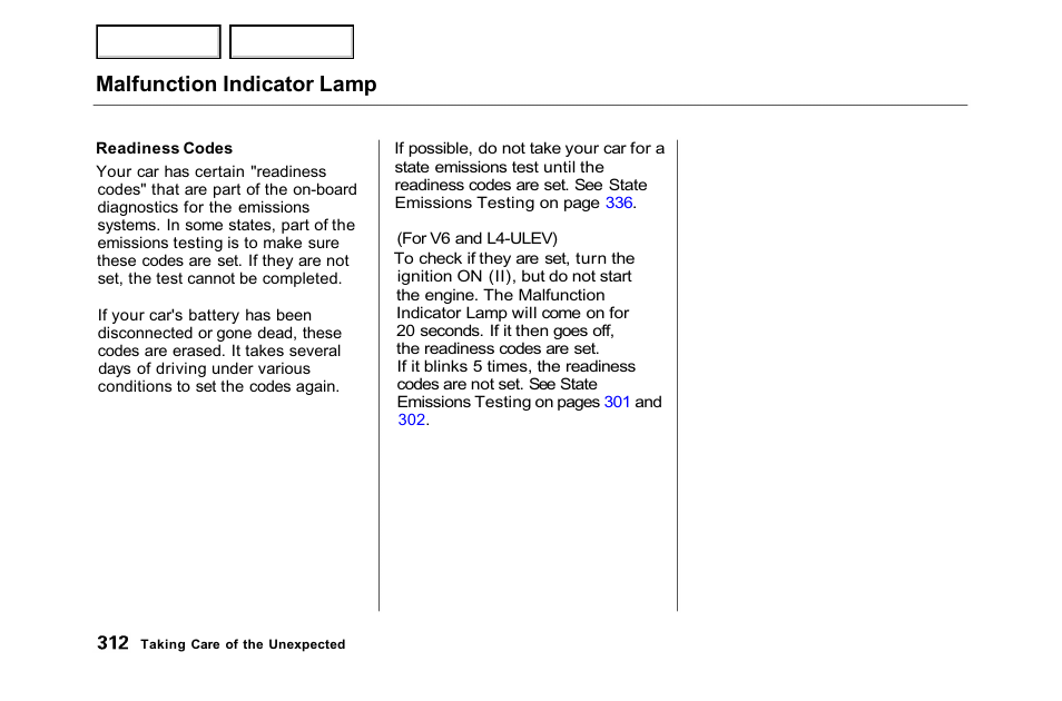 Malfunction indicator lamp | HONDA 2001 Accord Sedan - Owner's Manual User Manual | Page 315 / 372