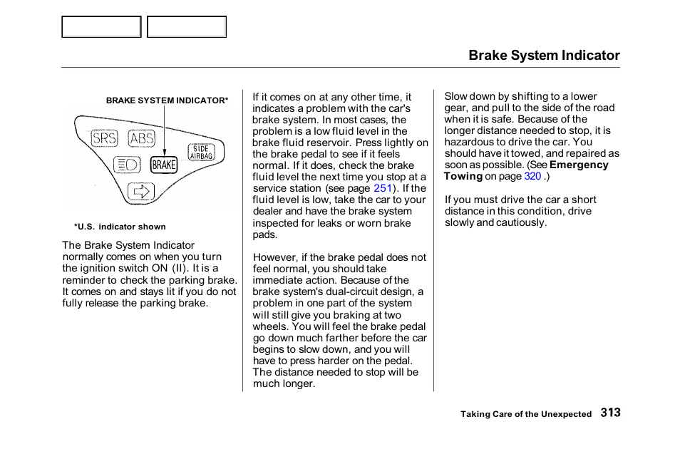 Brake system indicator | HONDA 2001 Accord Sedan - Owner's Manual User Manual | Page 316 / 372