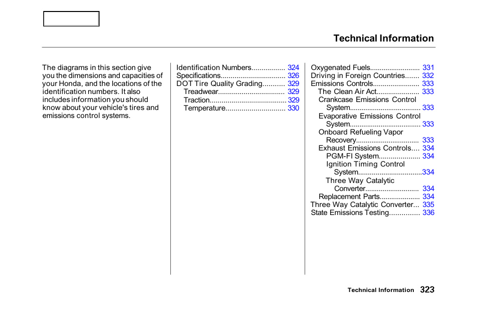 Technical information | HONDA 2001 Accord Sedan - Owner's Manual User Manual | Page 326 / 372