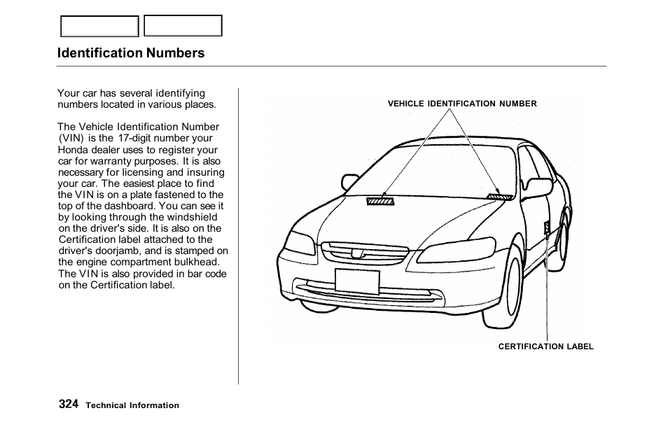 Identification numbers | HONDA 2001 Accord Sedan - Owner's Manual User Manual | Page 327 / 372