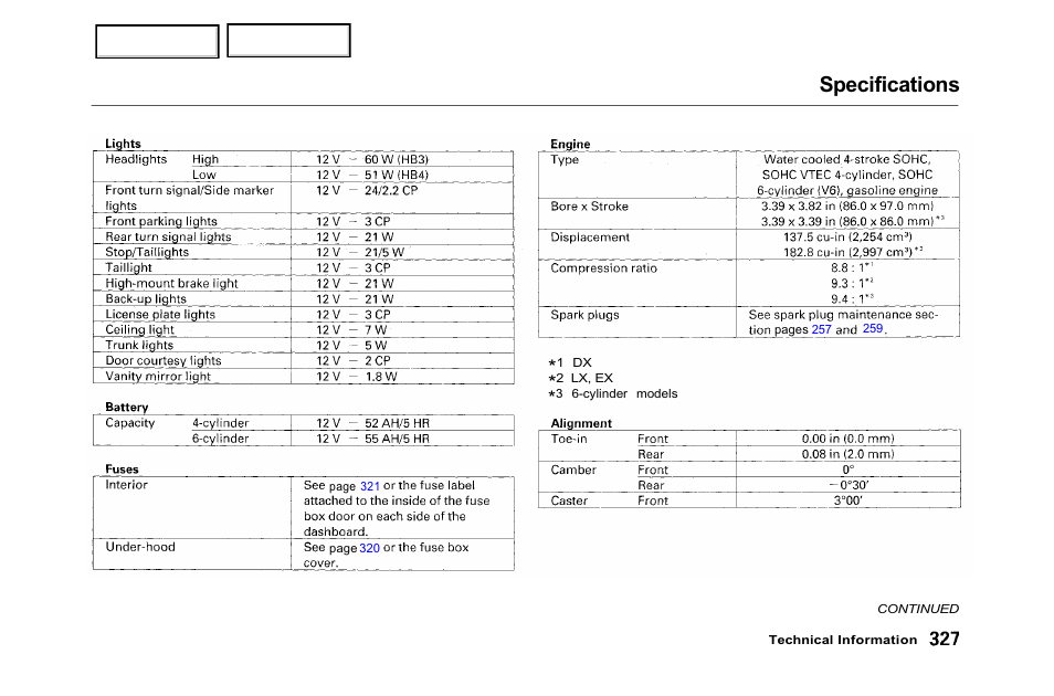 Specifications | HONDA 2001 Accord Sedan - Owner's Manual User Manual | Page 330 / 372