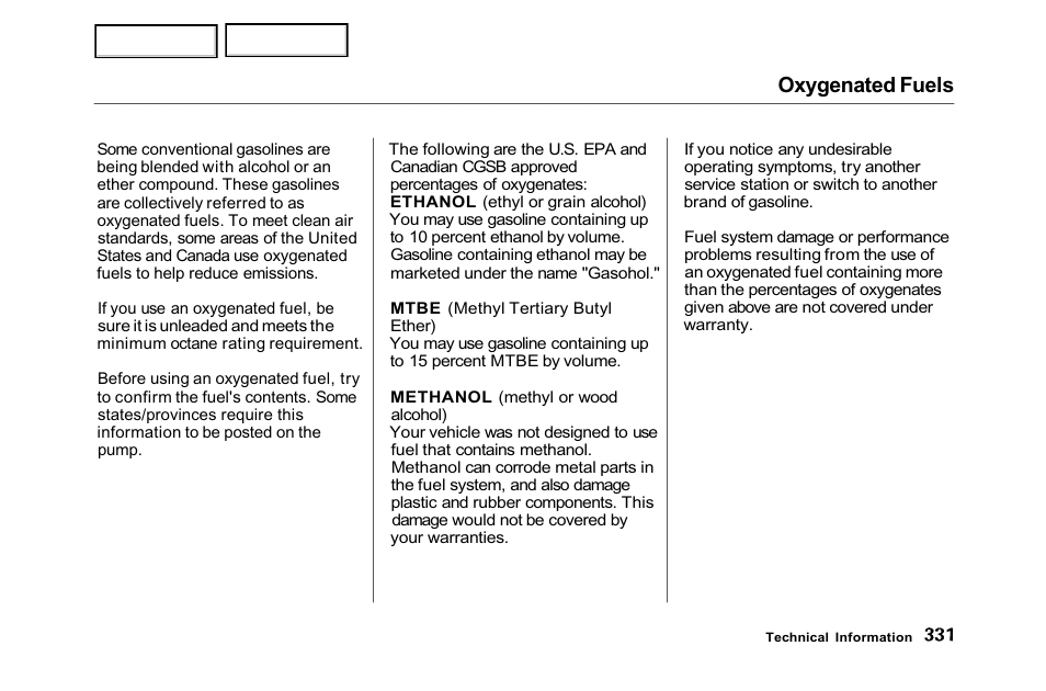 Oxygenated fuels | HONDA 2001 Accord Sedan - Owner's Manual User Manual | Page 334 / 372