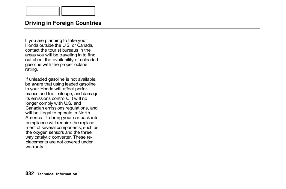 Driving in foreign countries | HONDA 2001 Accord Sedan - Owner's Manual User Manual | Page 335 / 372