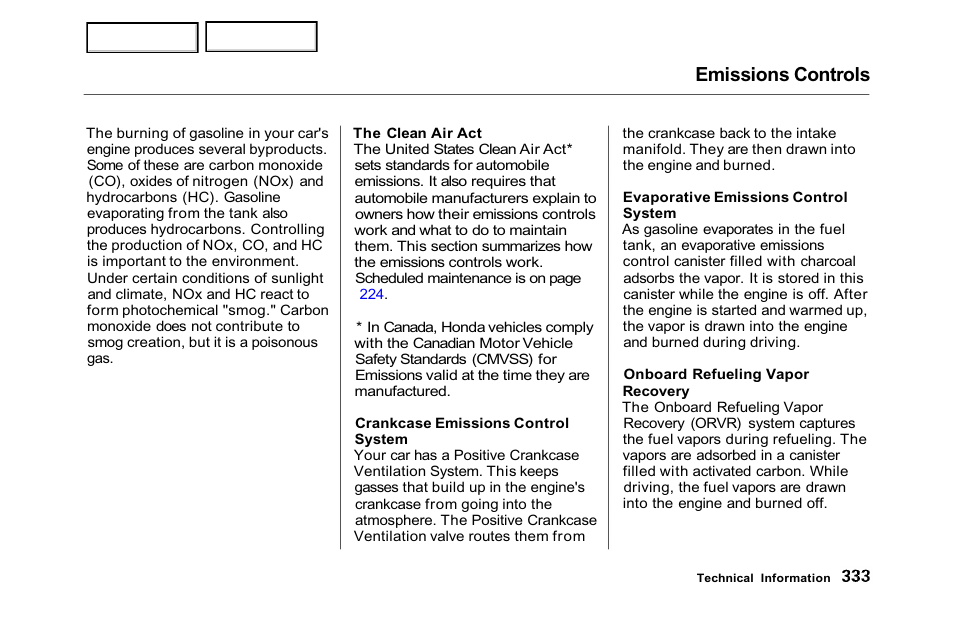 Emissions controls | HONDA 2001 Accord Sedan - Owner's Manual User Manual | Page 336 / 372