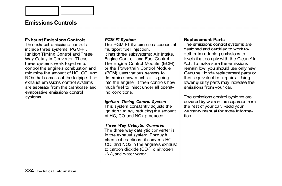 Emissions controls | HONDA 2001 Accord Sedan - Owner's Manual User Manual | Page 337 / 372