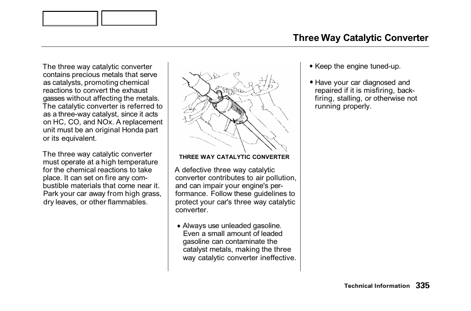 Three way catalytic converter | HONDA 2001 Accord Sedan - Owner's Manual User Manual | Page 338 / 372