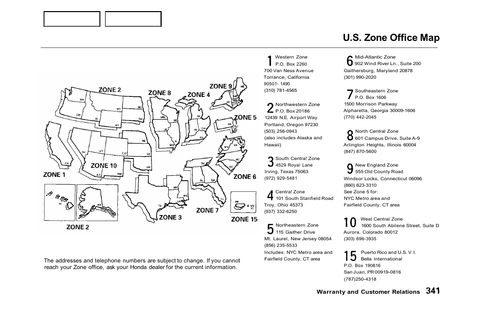 U.s. zone office map | HONDA 2001 Accord Sedan - Owner's Manual User Manual | Page 344 / 372