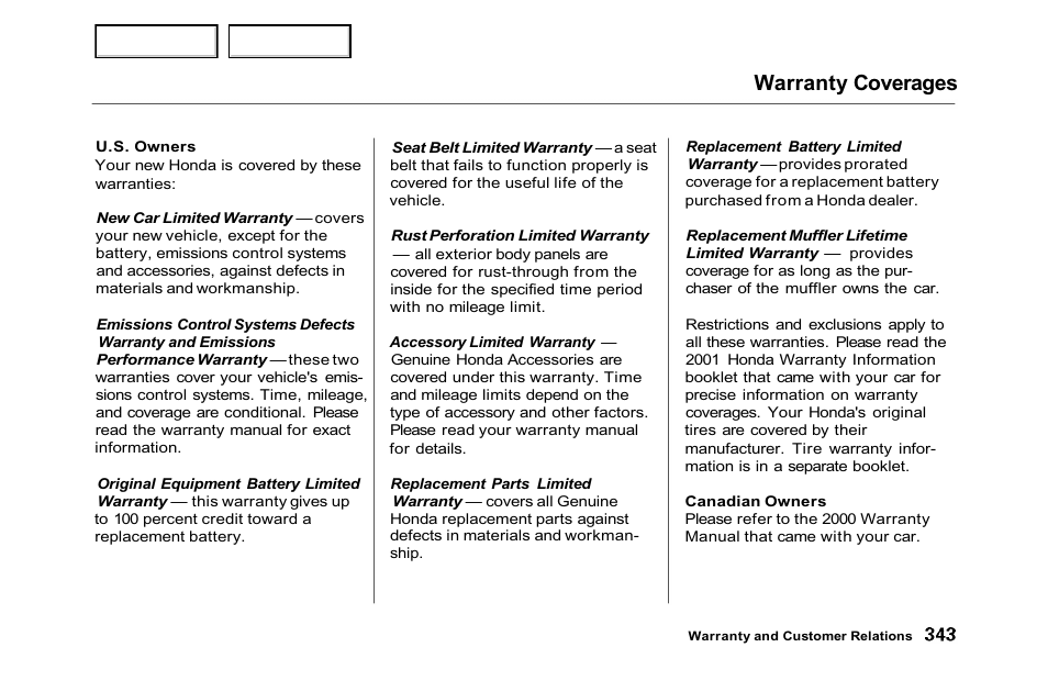 Warranty coverages | HONDA 2001 Accord Sedan - Owner's Manual User Manual | Page 346 / 372