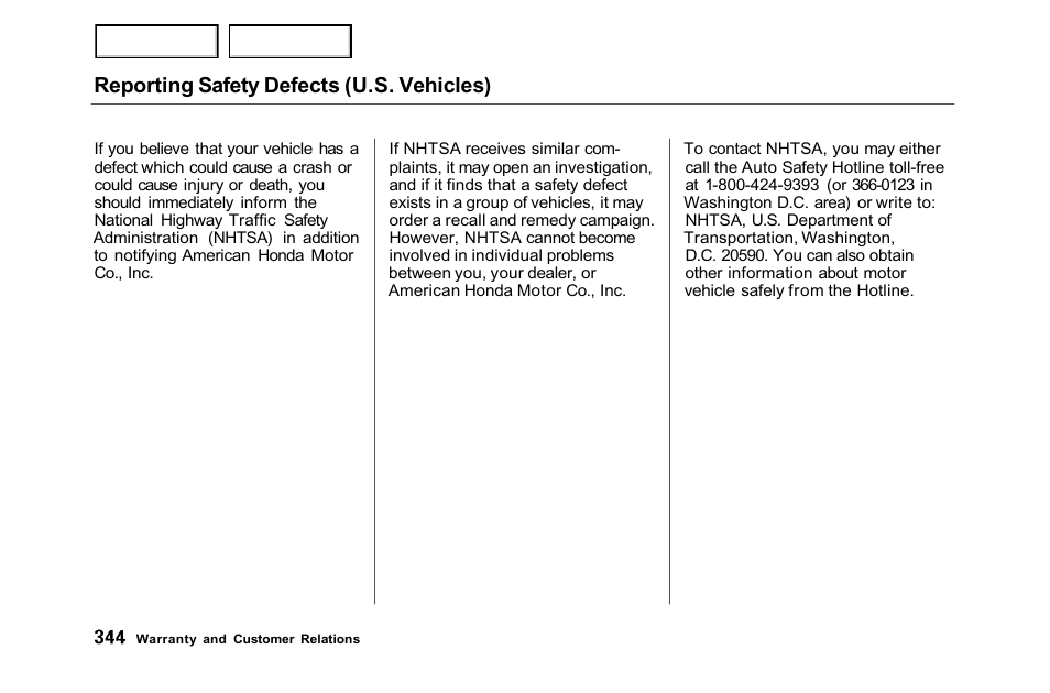 Reporting safety defects (u.s. vehicles) | HONDA 2001 Accord Sedan - Owner's Manual User Manual | Page 347 / 372