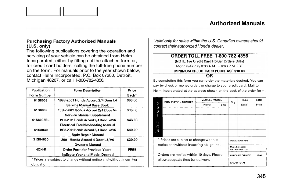 Authorized manuals | HONDA 2001 Accord Sedan - Owner's Manual User Manual | Page 348 / 372