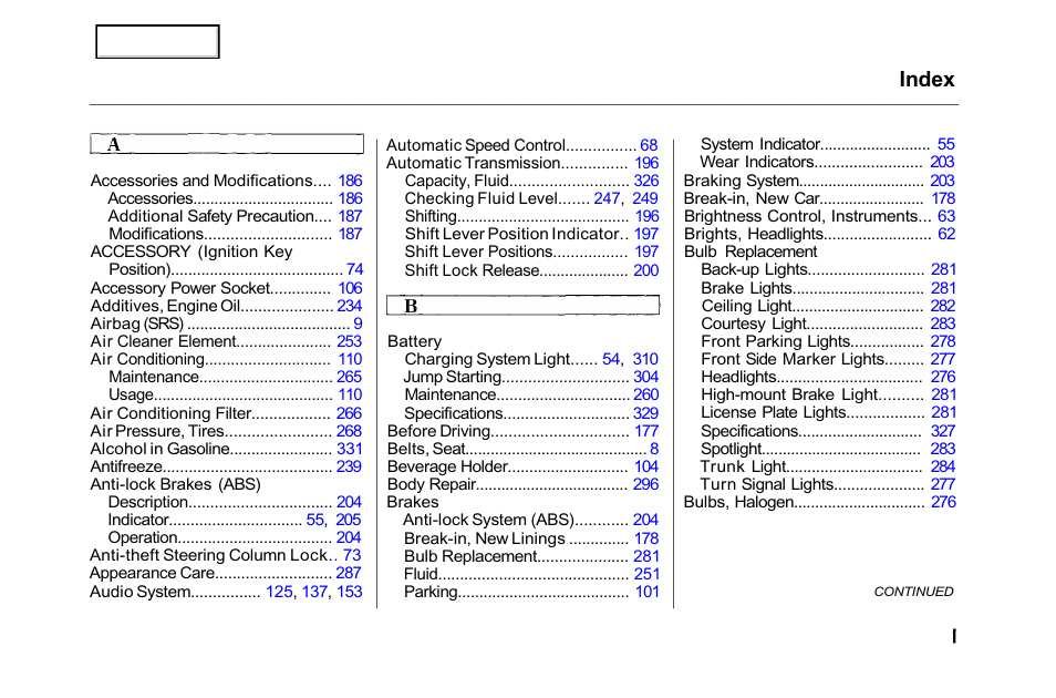 Index | HONDA 2001 Accord Sedan - Owner's Manual User Manual | Page 350 / 372