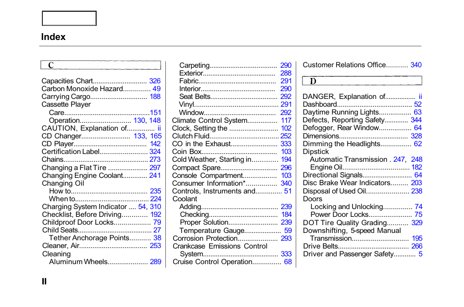 Index | HONDA 2001 Accord Sedan - Owner's Manual User Manual | Page 351 / 372