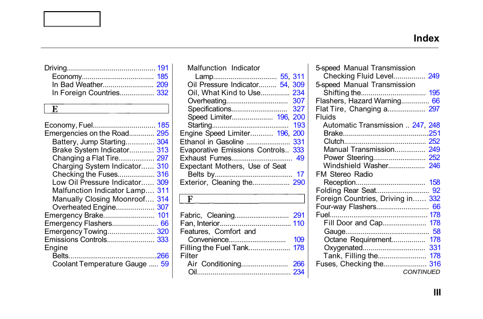 Index | HONDA 2001 Accord Sedan - Owner's Manual User Manual | Page 352 / 372