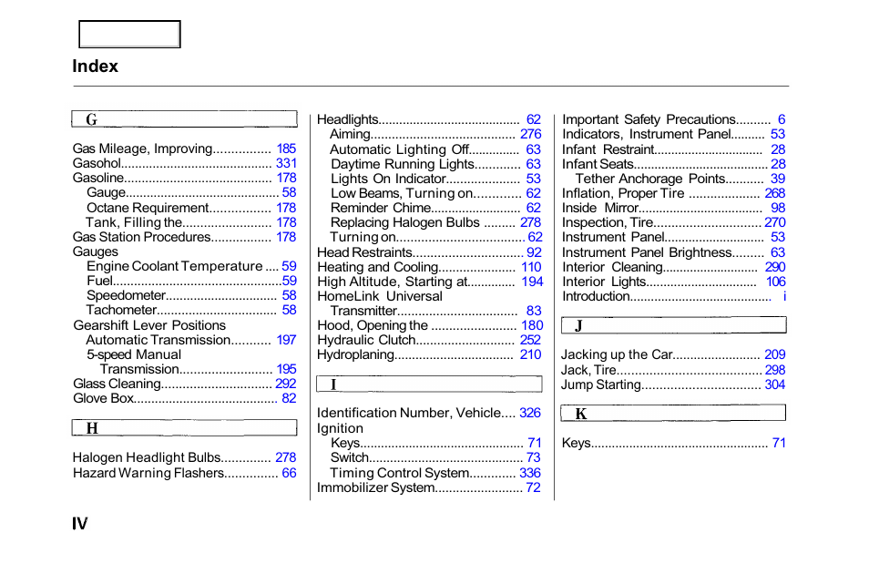 Index | HONDA 2001 Accord Sedan - Owner's Manual User Manual | Page 353 / 372