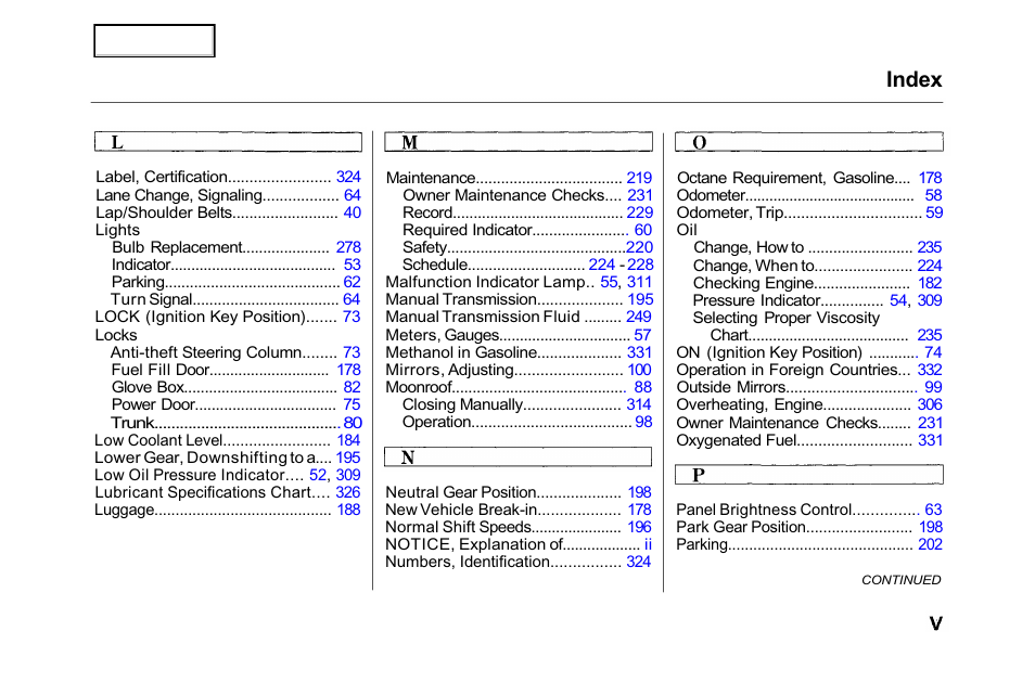 Index | HONDA 2001 Accord Sedan - Owner's Manual User Manual | Page 354 / 372