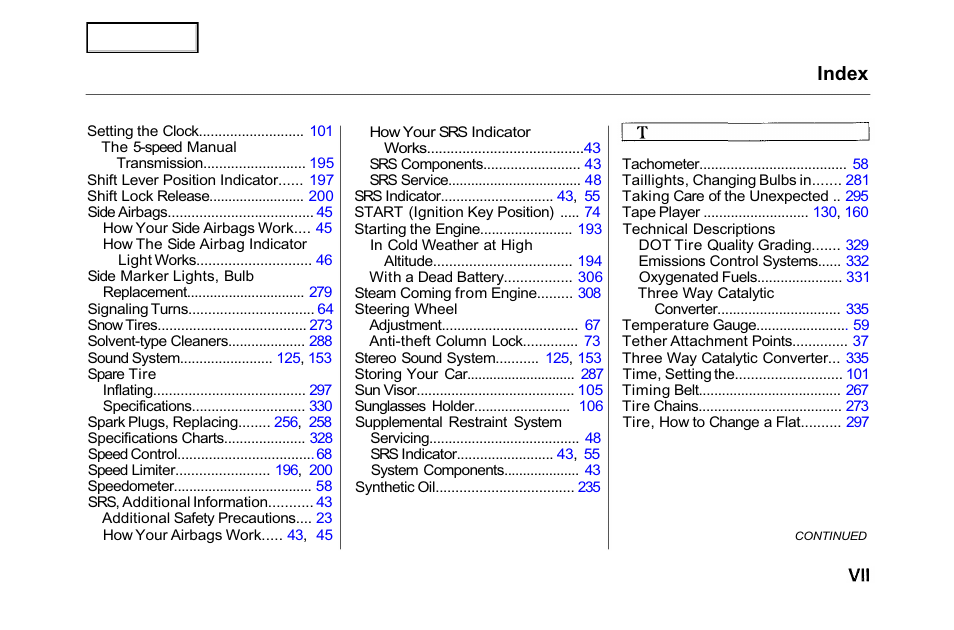 Index | HONDA 2001 Accord Sedan - Owner's Manual User Manual | Page 356 / 372