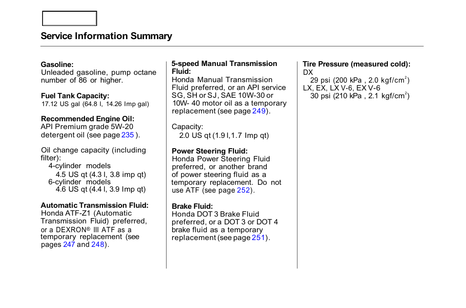 Service information summary | HONDA 2001 Accord Sedan - Owner's Manual User Manual | Page 359 / 372