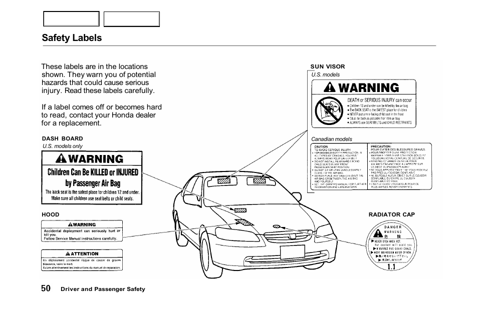 Safety labels | HONDA 2001 Accord Sedan - Owner's Manual User Manual | Page 53 / 372