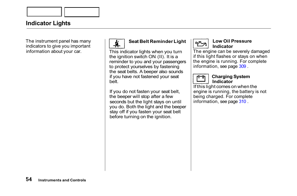 Indicator lights | HONDA 2001 Accord Sedan - Owner's Manual User Manual | Page 57 / 372