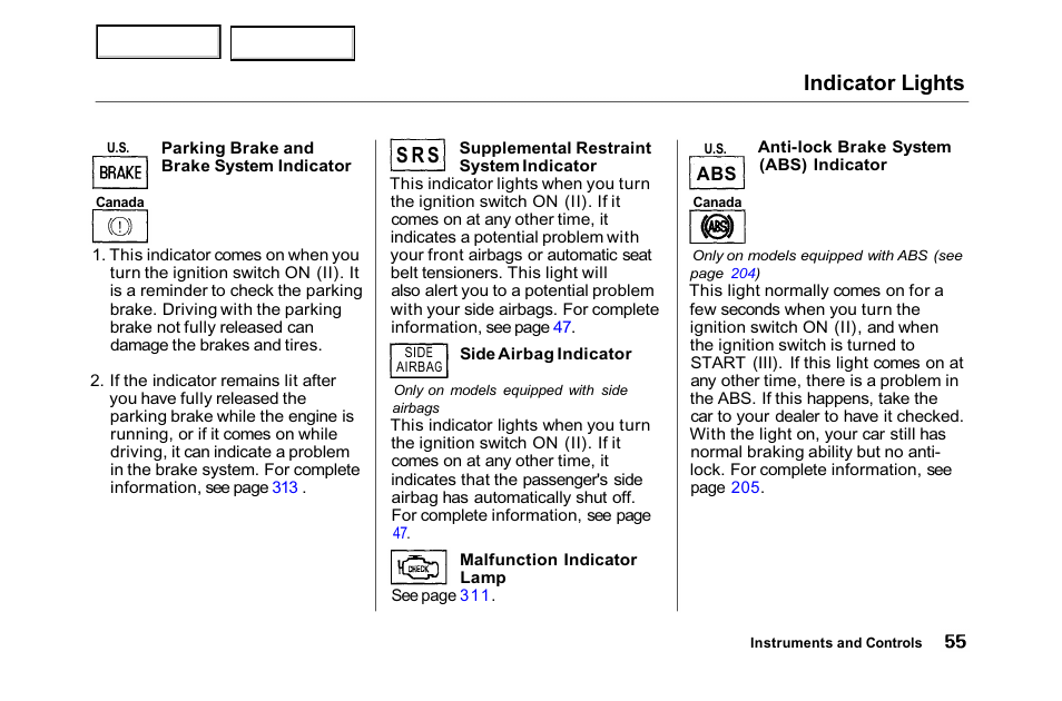 Indicator lights, S r s | HONDA 2001 Accord Sedan - Owner's Manual User Manual | Page 58 / 372