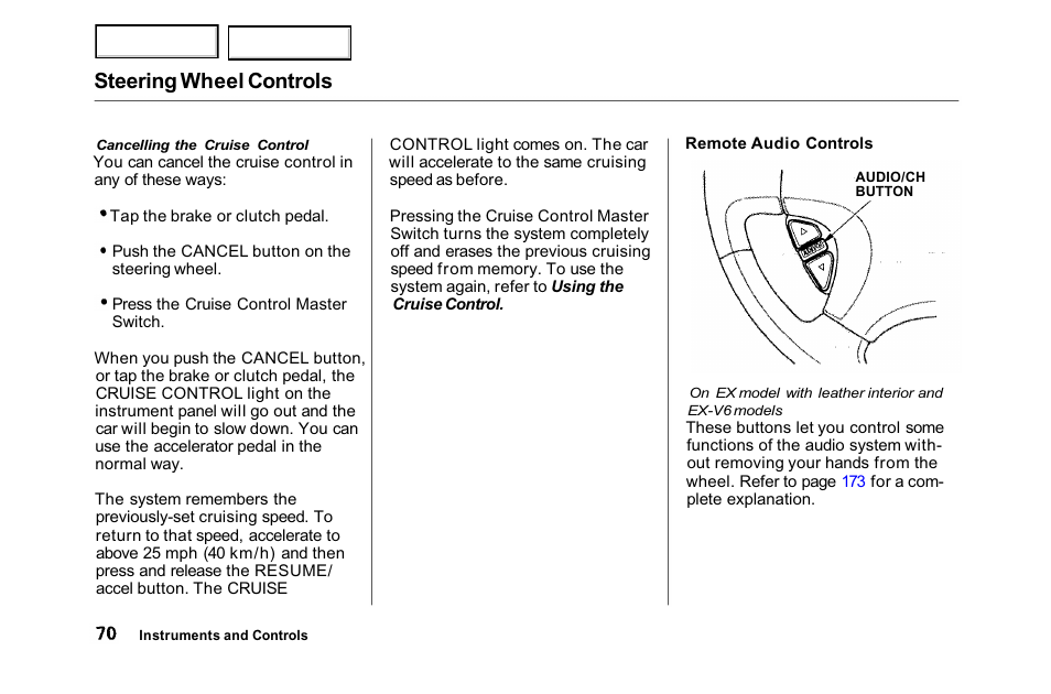 Steering wheel controls | HONDA 2001 Accord Sedan - Owner's Manual User Manual | Page 73 / 372