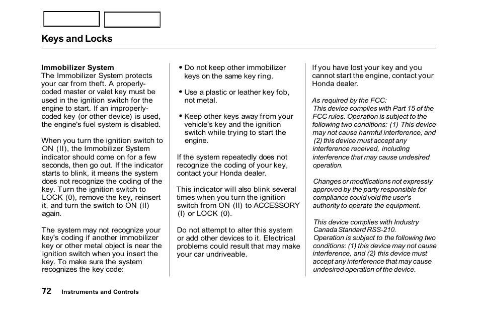 Keys and locks | HONDA 2001 Accord Sedan - Owner's Manual User Manual | Page 75 / 372