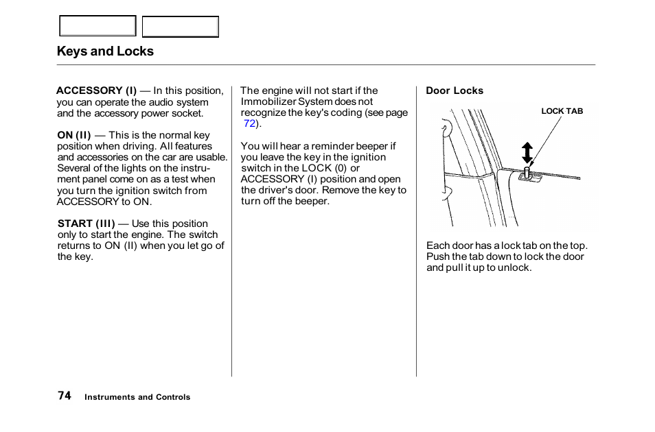 Keys and locks | HONDA 2001 Accord Sedan - Owner's Manual User Manual | Page 77 / 372