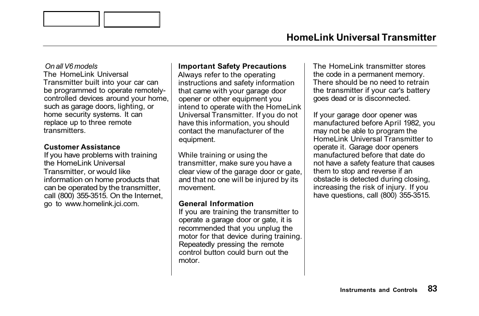 Homelink universal transmitter | HONDA 2001 Accord Sedan - Owner's Manual User Manual | Page 86 / 372