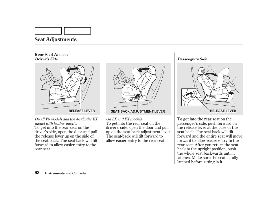 Seat adjustments | HONDA 2001 Accord Coupe - Owner's Manual User Manual | Page 101 / 359