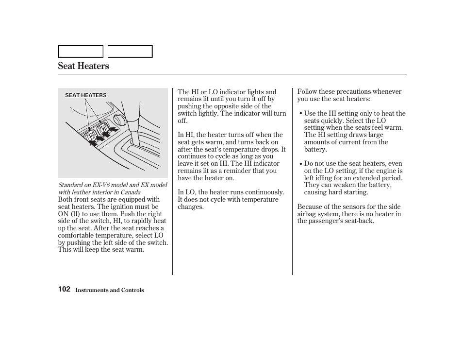 Seat heaters | HONDA 2001 Accord Coupe - Owner's Manual User Manual | Page 105 / 359