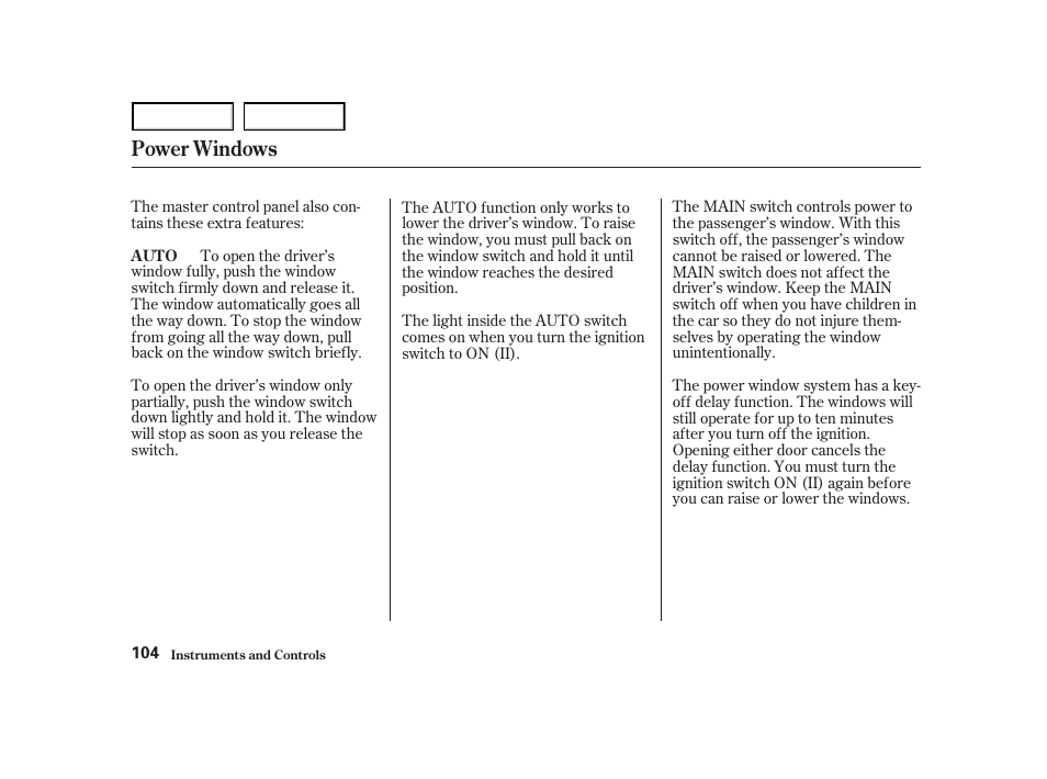 Power windows | HONDA 2001 Accord Coupe - Owner's Manual User Manual | Page 107 / 359