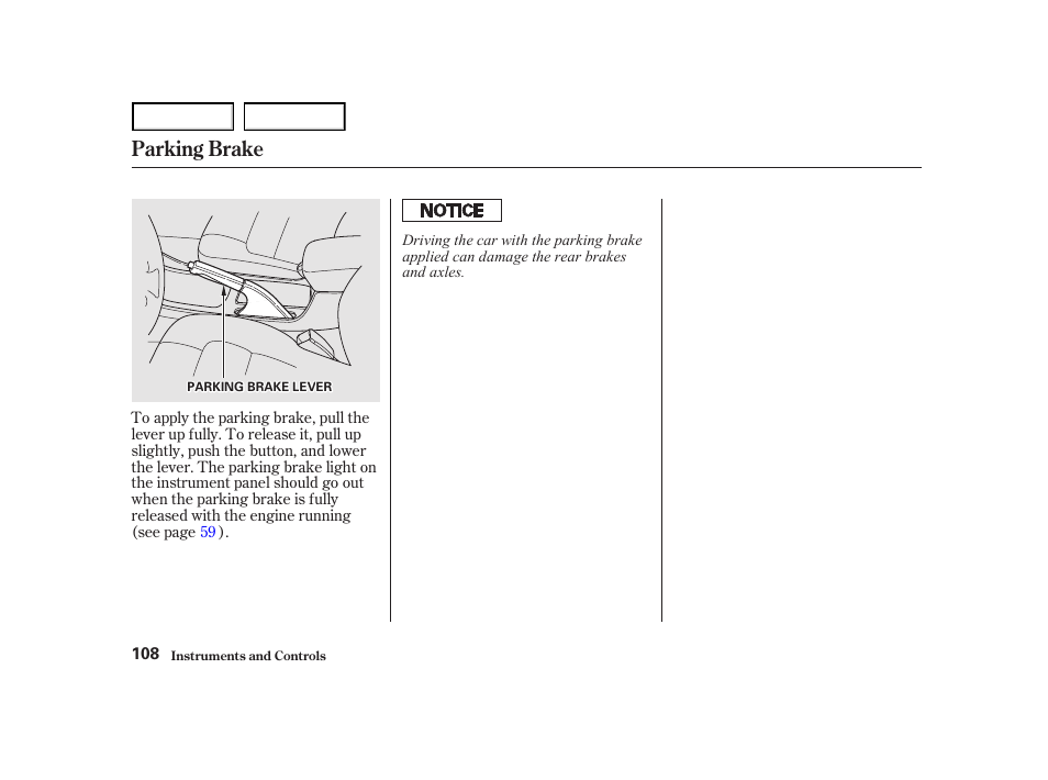 Parking brake | HONDA 2001 Accord Coupe - Owner's Manual User Manual | Page 111 / 359