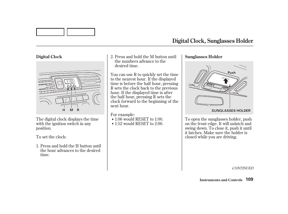 Digital clock, sunglasses holder | HONDA 2001 Accord Coupe - Owner's Manual User Manual | Page 112 / 359