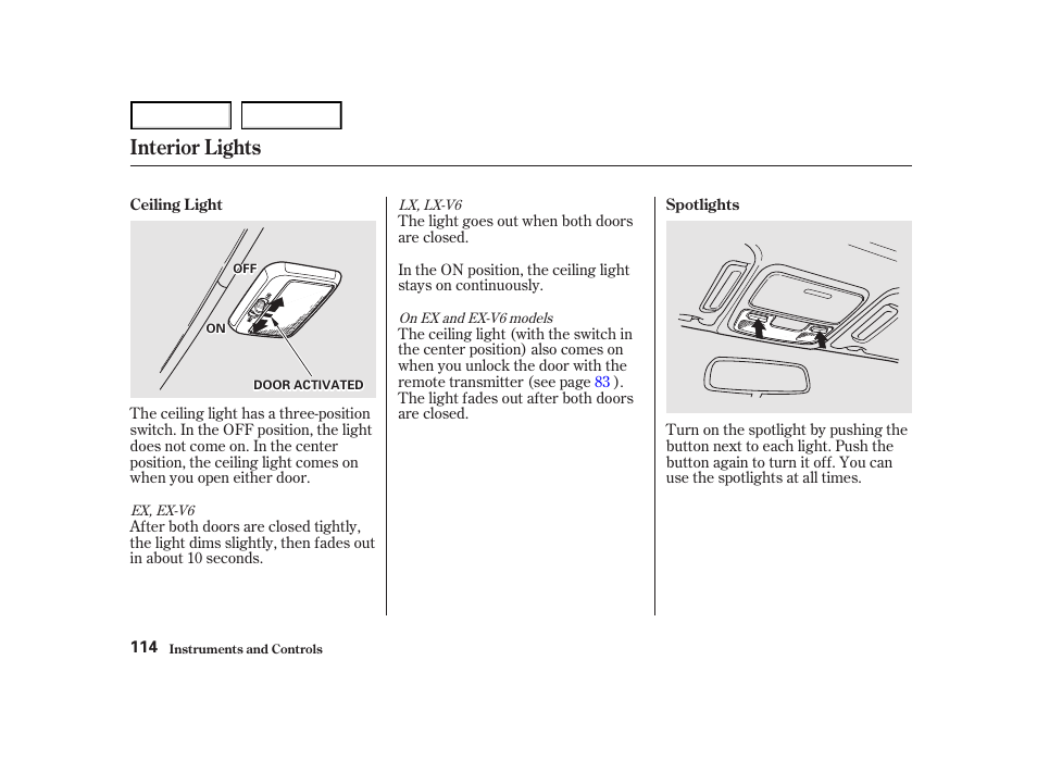 Interior lights | HONDA 2001 Accord Coupe - Owner's Manual User Manual | Page 117 / 359