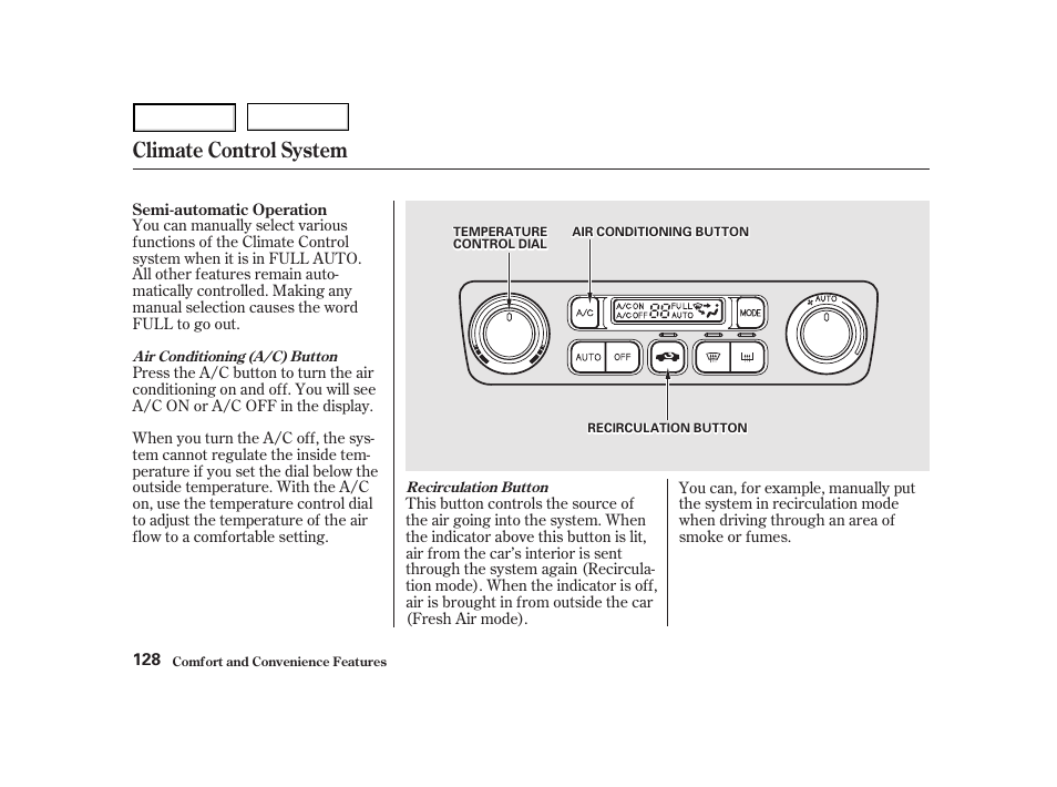 Climate control system | HONDA 2001 Accord Coupe - Owner's Manual User Manual | Page 131 / 359