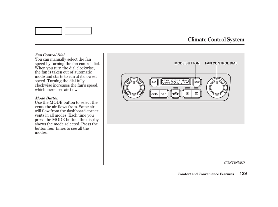 Climate control system | HONDA 2001 Accord Coupe - Owner's Manual User Manual | Page 132 / 359