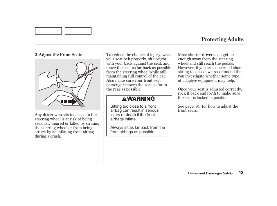 Protecting adults | HONDA 2001 Accord Coupe - Owner's Manual User Manual | Page 16 / 359