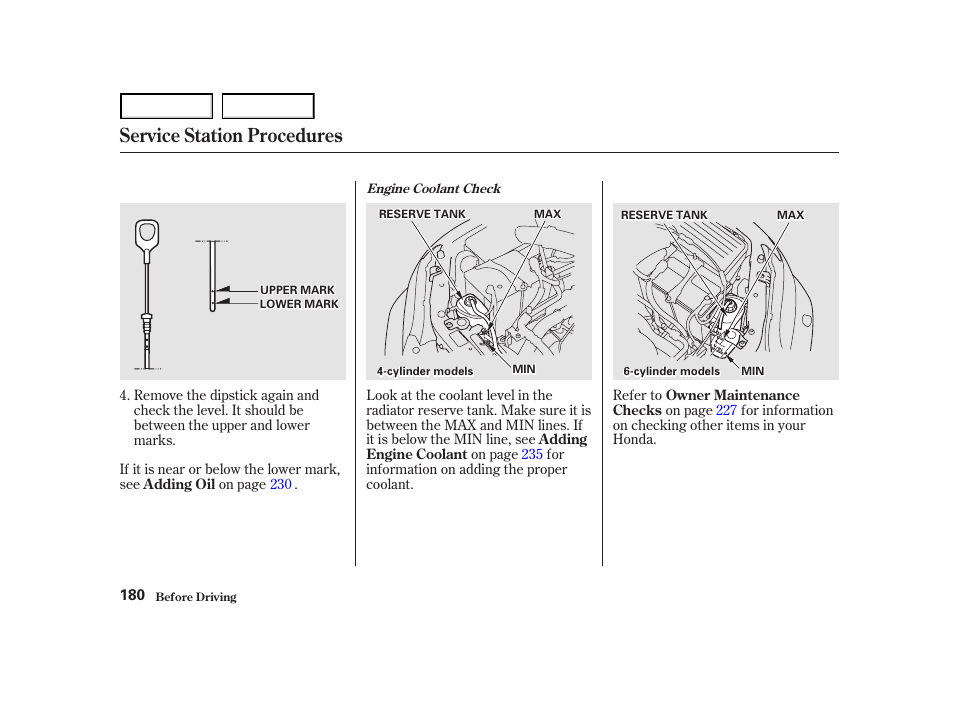 Service station procedures | HONDA 2001 Accord Coupe - Owner's Manual User Manual | Page 183 / 359