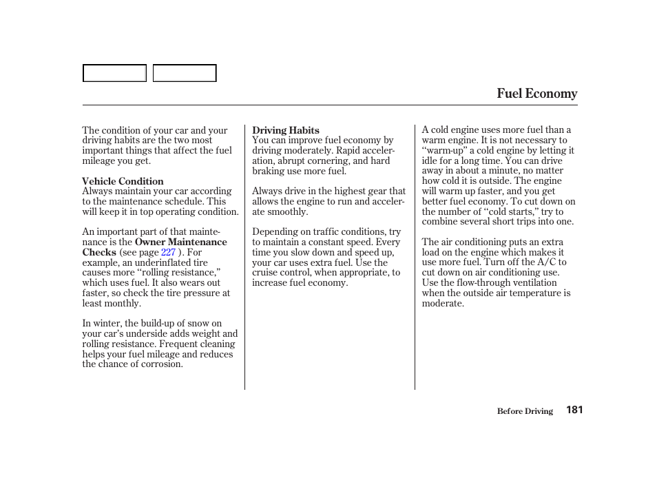 Fuel economy | HONDA 2001 Accord Coupe - Owner's Manual User Manual | Page 184 / 359