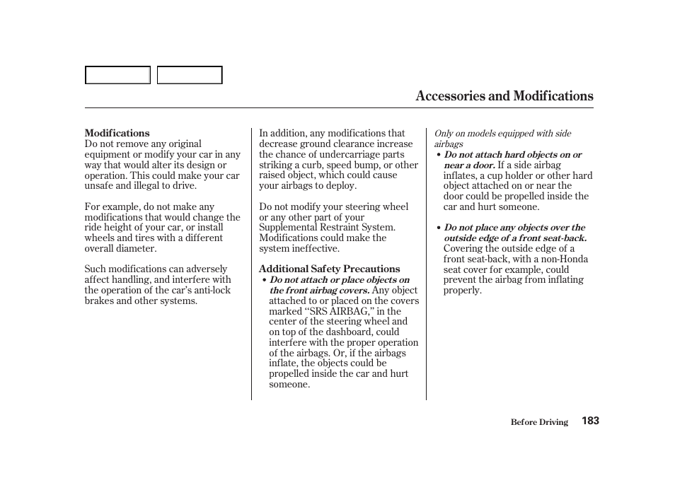 Accessories and modifications | HONDA 2001 Accord Coupe - Owner's Manual User Manual | Page 186 / 359